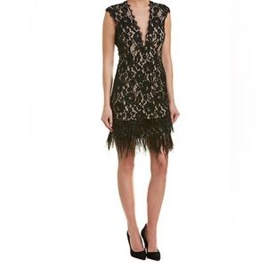 Aiden Mattox Cap Sleeve Lace Cocktail Dress With Feather Trim In Black Nude